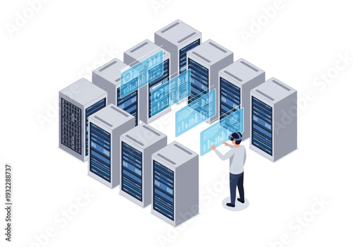 Server room with person wearing VR headset interacting with digital data screens - Isometric illustration