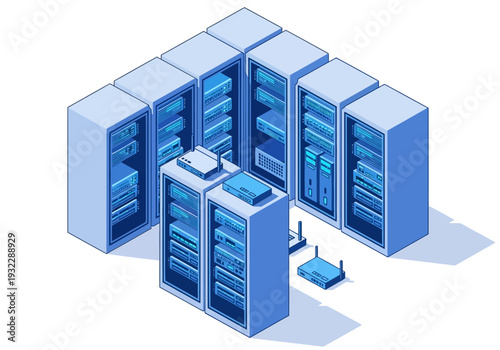 Modern data center with rows of servers and networking equipment
