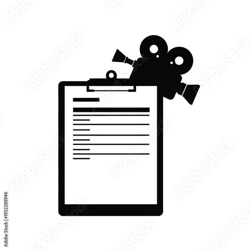 Black camera on clipboard with paper cinema