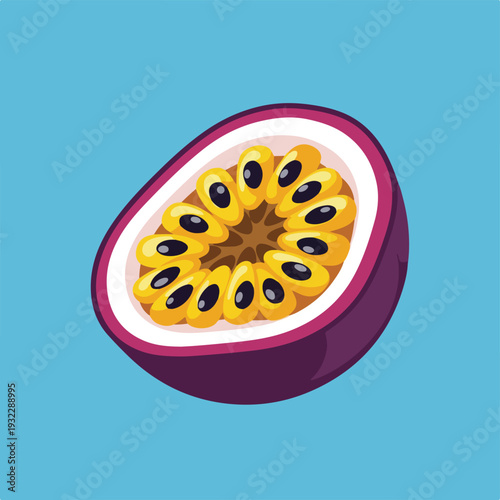 Colorful vector illustration of a halved tropical fruit on a blue backdrop