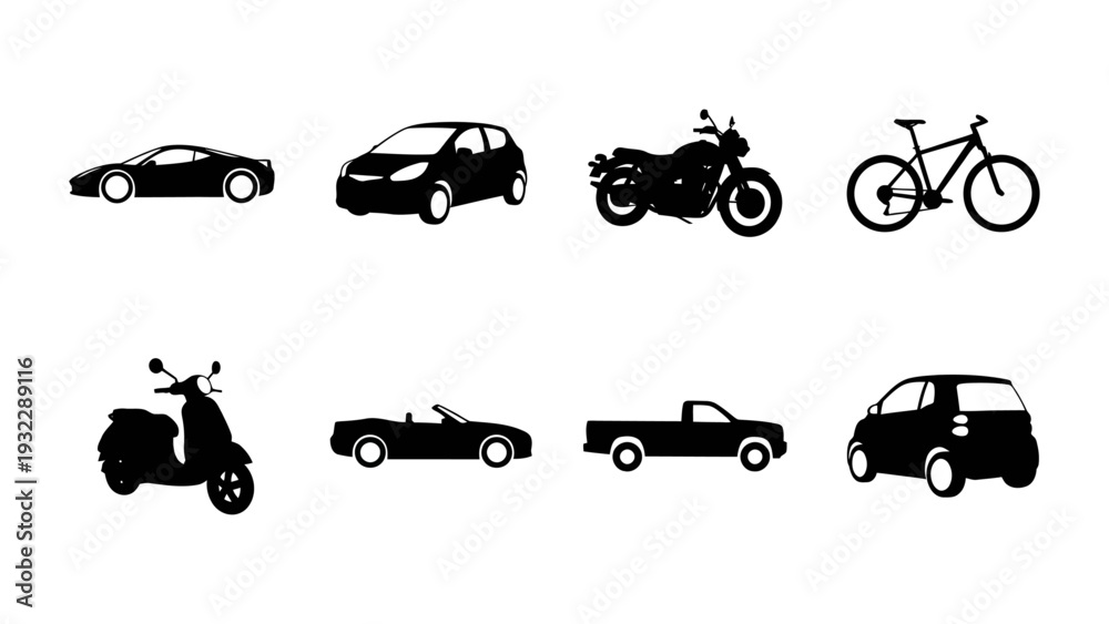 Fototapeta premium Vehicle Silhouettes Set Including Car Motorcycle Bicycle And Scooter
