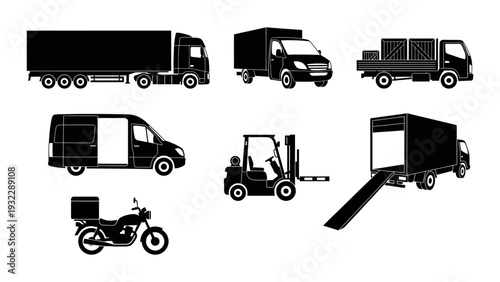 Delivery And Logistics Vehicle Silhouettes Set Truck Forklift Van
