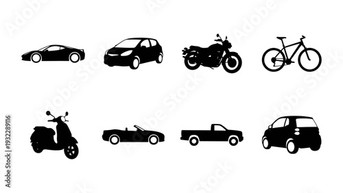 Vehicle Silhouettes Set Including Car Motorcycle Bicycle And Scooter