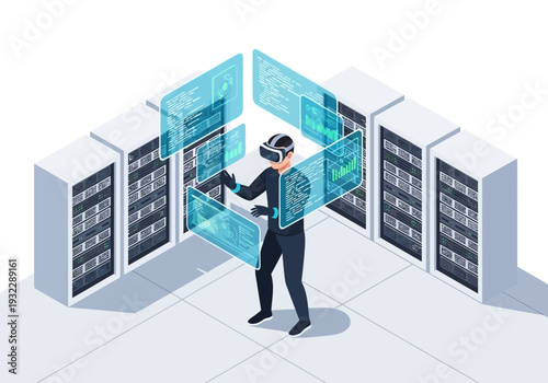 Man wearing VR headset interacting with futuristic digital data screens in a server room