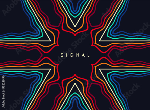 Propagation of signal rays. A colorful frame composed of multiple multicolored lines. Glow effect. Neon stripes. Vector for a brochure, poster, cover, postcard, flyer, banner or presentation.