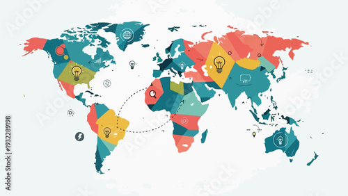 Colorful vector illustration of a world map with abstract elements