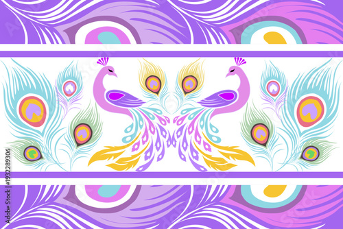 Vibrant seamless peacock pattern with elegant feathers and ornamental symmetry in purple, teal, and gold tones, perfect for textile prints, wallpaper, packaging, and decorative backgrounds.