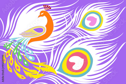 Vibrant seamless peacock pattern with elegant feathers and ornamental symmetry in purple, teal, and gold tones, perfect for textile prints, wallpaper, packaging, and decorative backgrounds.