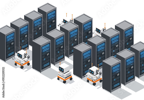 Robots maintaining servers in a data center, digital technology concept