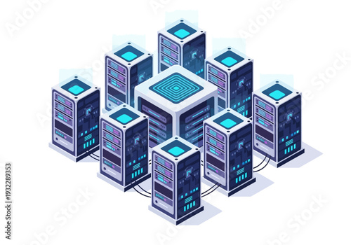 A grid of modern server racks, illuminated by blue light, representing data storage and network infrastructure