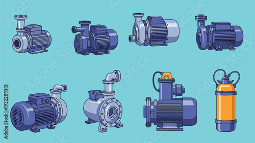 Detailed collection of various industrial centrifugal pumps and electric motors used for water management and factory tasks.