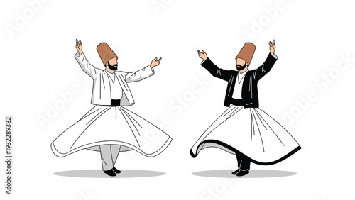 Two whirling dervishes performing a traditional spiritual dance in white robes and tall hats against a clean white background.
