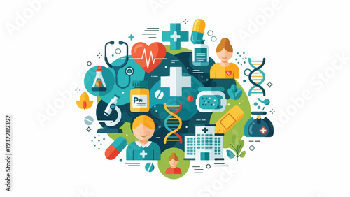 Colorful vector illustration of healthcare elements and medical symbols
