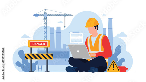 Site engineer wearing safety helmet and vest using laptop computer at construction area with factory silhouettes and large crane.