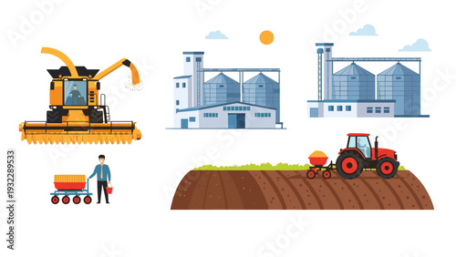 Agricultural industry collection showing modern harvesting combine, large grain silos, red tractor in field, and farm worker.