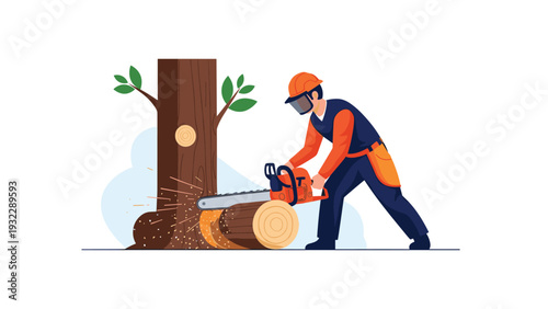 Professional lumberjack wearing safety gear using powerful chainsaw to cut through large tree trunk in the winter forest.