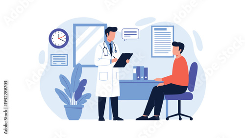 Medical professional in white lab coat consulting with male patient and taking notes in modern clinic office setting.