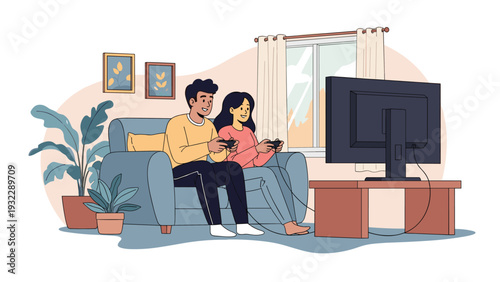 Young couple enjoying leisure time at home sitting on blue couch and playing video games together on a large television.