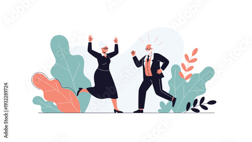 Active senior couple celebrating and dancing with joy together surrounded by stylized green and orange decorative plants.