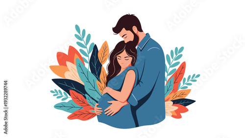 Affectionate man hugging pregnant woman from behind in front of many decorative autumnal leaves on a white background.
