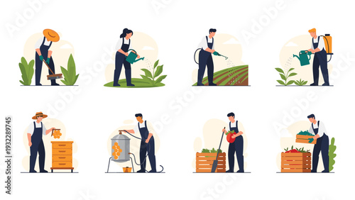 Collection of farmers performing various duties including watering plants, harvesting crops, and beekeeping on the farm.