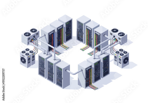 Isometric view of a server room with cooling fans and cables arranged in a square pattern