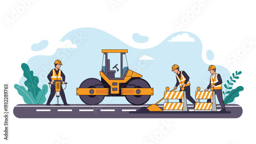 Road construction crew using heavy machinery including steam roller and jackhammer to repair the asphalt street surface.