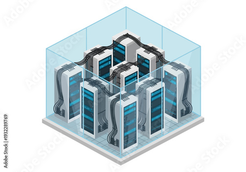 Isometric view of a server room rack with multiple computer servers organized in a grid, illustrating data storage and technology infrastructure