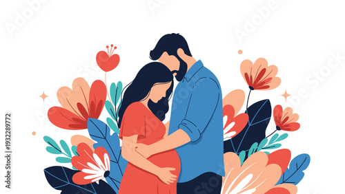 Loving husband embracing his pregnant wife against background of vibrant colorful flowers symbolizing new life and hope.