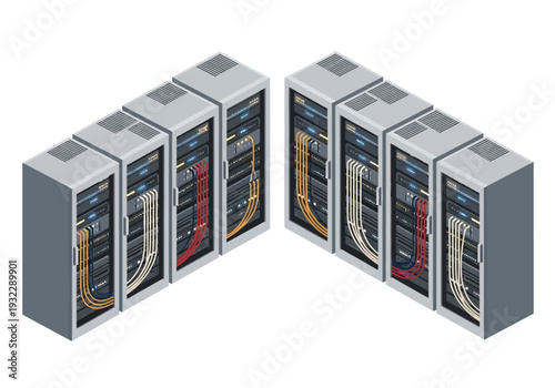Data center server racks with visible cabling representing network infrastructure and technology