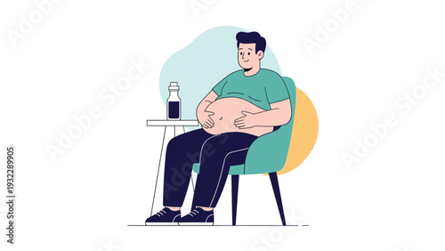 Overweight man sits in a chair while holding his stomach, indicating discomfort or bloating after eating a large meal.
