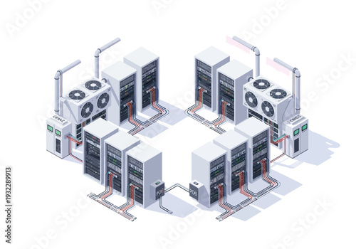 Server farm data center cooling system isometric illustration representing technology and infrastructure