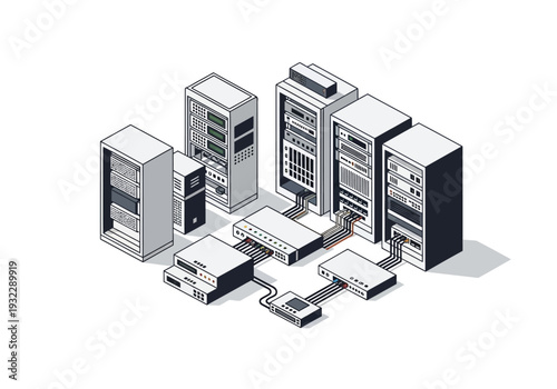 Isometric illustration of a server room with multiple racks and connected devices