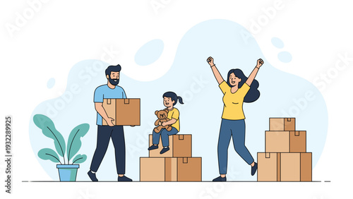 Happy family celebrates moving into their new home while carrying cardboard boxes and playing with a stuffed teddy bear.