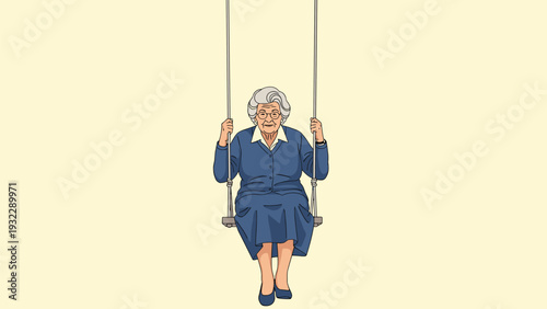 Senior woman in a blue dress sits calmly on a wooden swing against a plain yellow background during a quiet afternoon.