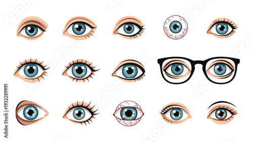 Collection of various human eye illustrations shows different shapes, colors, and expressions, including a pair with glasses.