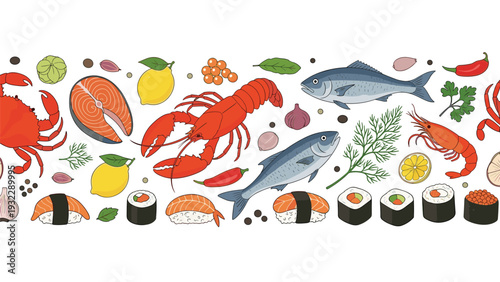 Seamless horizontal border features various seafood items, including sushi rolls, salmon, lobster, fish, and lemon slices.