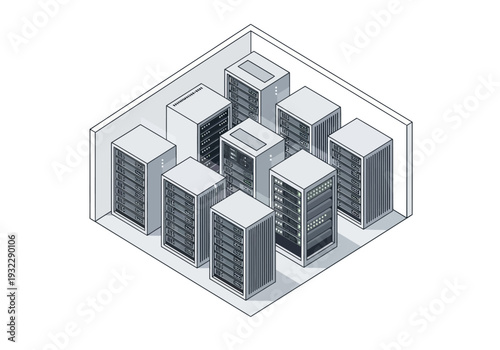Server Room Rack Setup Isometric Illustration of a Data Center with Multiple Server Racks