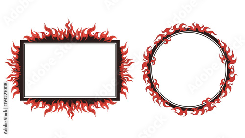Decorative frame set features rectangular and circular borders surrounded by intense red and black flickering flames.