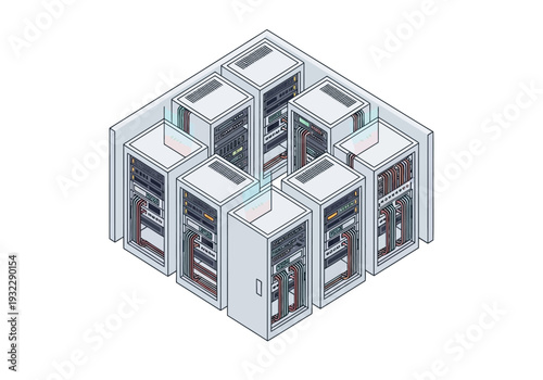 Isometric server room with multiple racks filled with data storage and networking equipment
