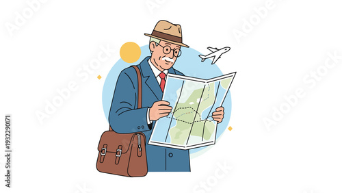 Senior male traveler wears a hat and holds a folded paper map while planning his next destination near a small airplane icon.