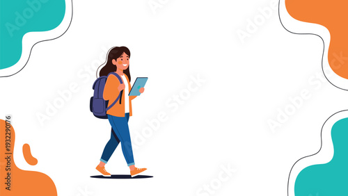 Young student with a purple backpack walks happily while looking at her tablet against a background of abstract shapes.