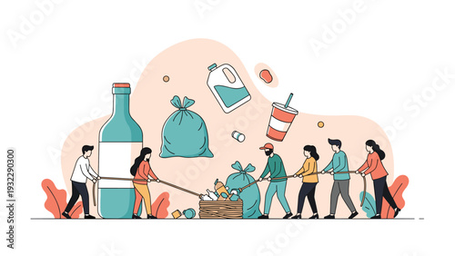 Team of volunteers works together to pull a large pile of plastic waste and trash for recycling in an environmental effort.