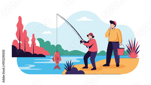 Two men enjoy a relaxing day of fishing by a river, where one has successfully caught a large red fish on his line.