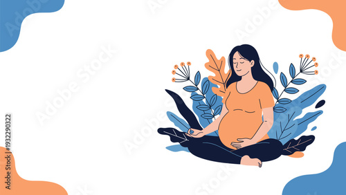 Peaceful pregnant woman sits in a meditative pose surrounded by beautiful floral elements and soft colorful shapes.
