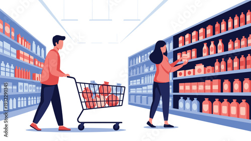 Man and woman shop for groceries in a supermarket aisle filled with many bottles and boxes on high shelves in a store.