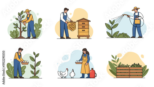 Series of illustrations depicts farmers performing various tasks like pruning trees, watering plants, and collecting eggs.