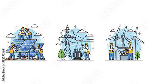 Renewable energy workers maintain solar panels and wind turbines while another manages electrical power grid equipment.