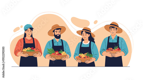 Group of diverse farmers holding baskets of fresh organic vegetables and fruits while wearing aprons and hats in a flat vector illustration.