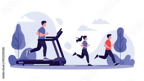 Group of active people engages in fitness activities like running on a treadmill and jogging through a scenic outdoor park.